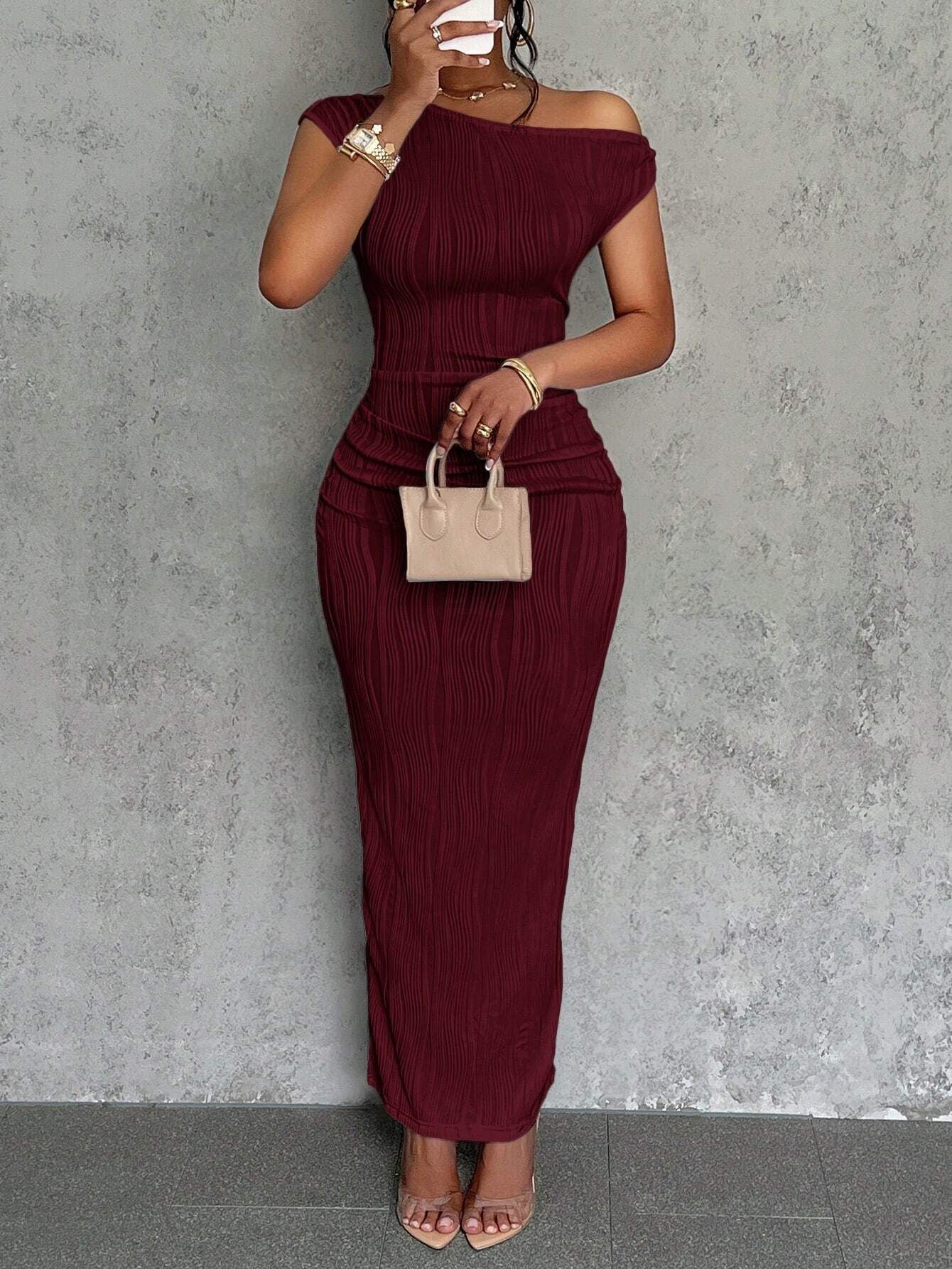Cute Fashion Water Ripple Slant Shoulder dress