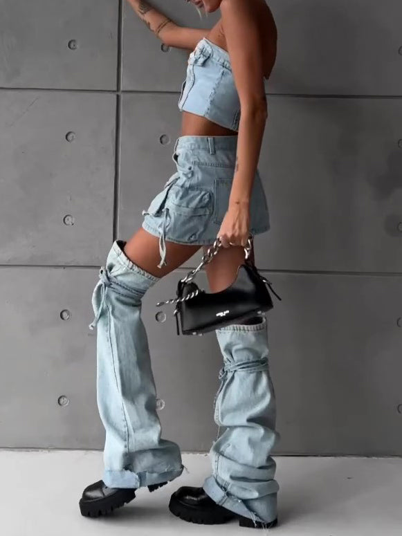 Light Blue Denim Corset Top And Cargo Pant Set With Distressed Details