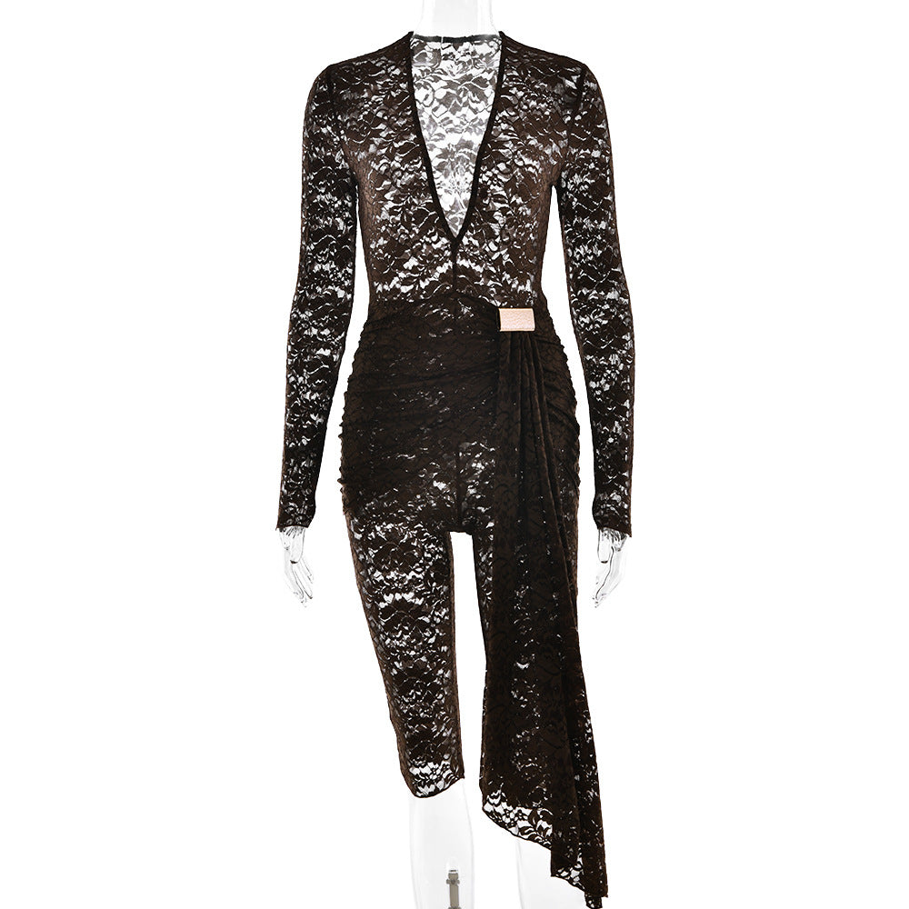 Sexy Lace Tight Jumpsuit with Deep V-Neck