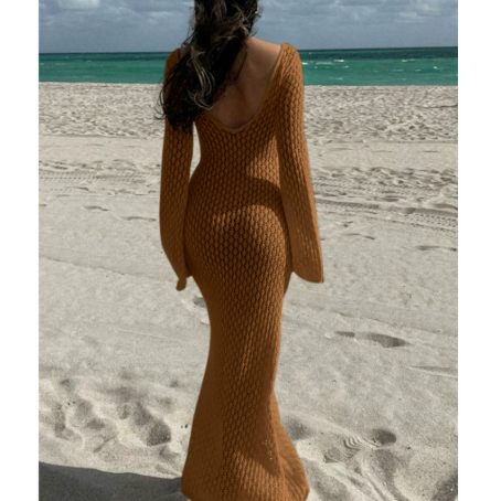V-neck Hollow Sexy Knitted Long Sleeve Dress