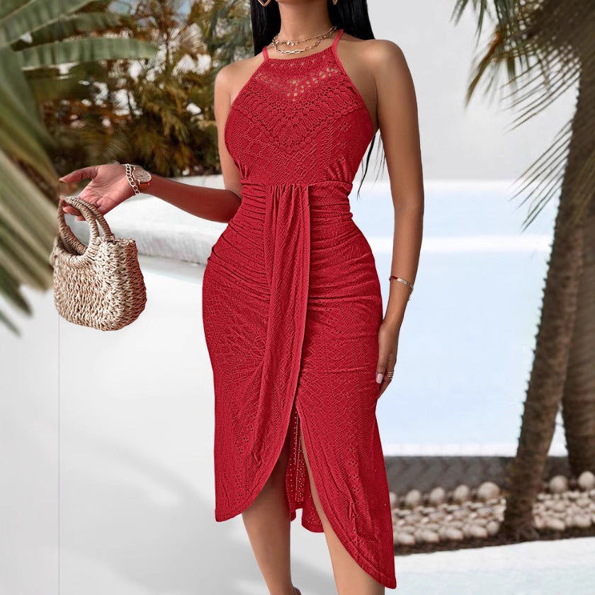 Neck-length sleeveless irregular skirt dress