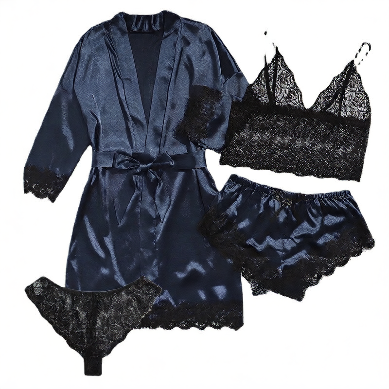 A 4-piece set of lace satin strappy pajamas