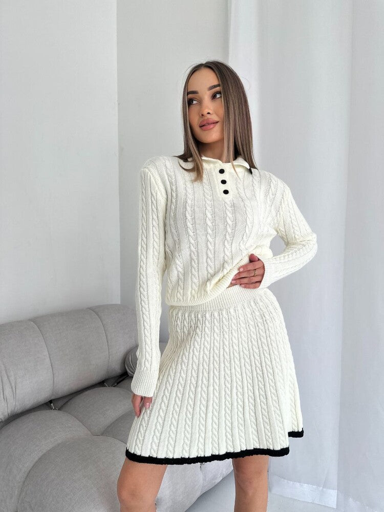 Casual Long-Sleeve Knitted Sweater and Short Skirt Set