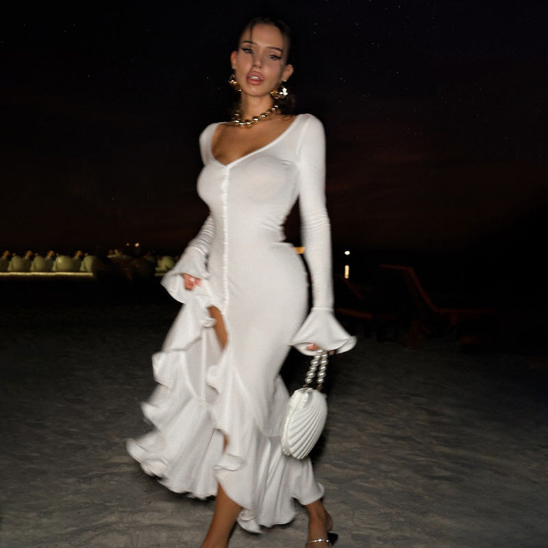 Sexy hot girl fitted flared sleeve dress