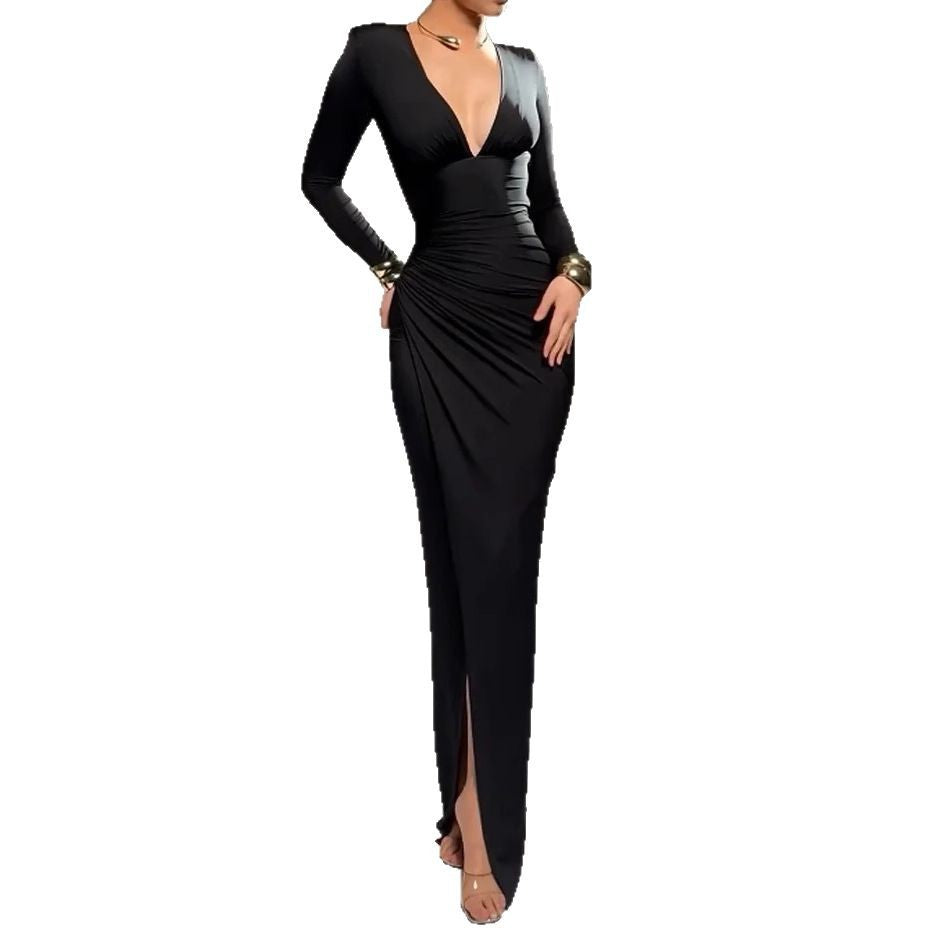 Cross-border independent station European and American foreign trade women's clothing 2024 summer new sexy lapel long sleeve solid color slit dress