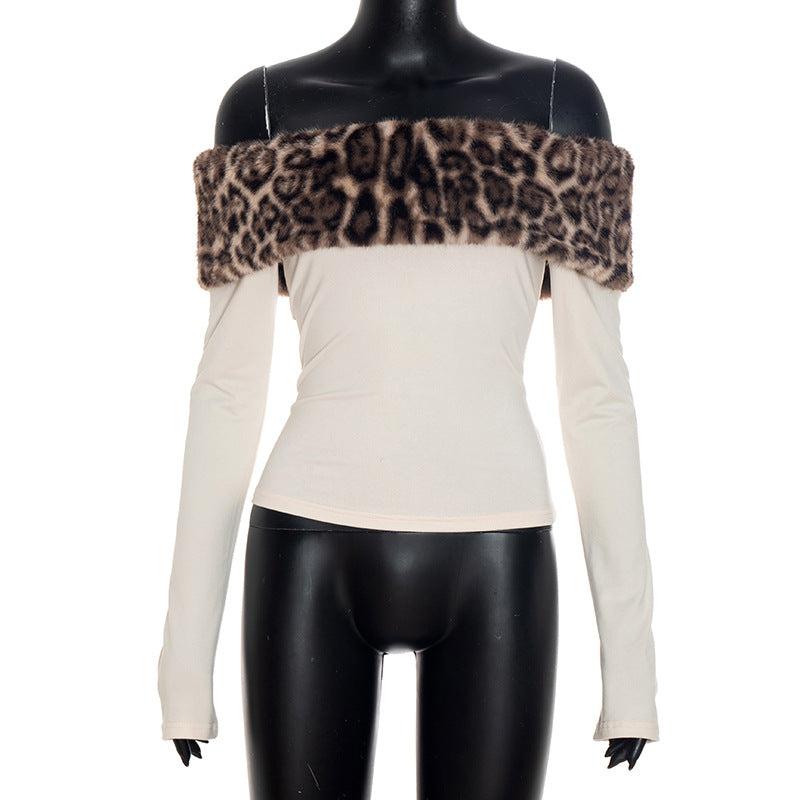 Womens Leopard Print One-Shoulder Slim Top
