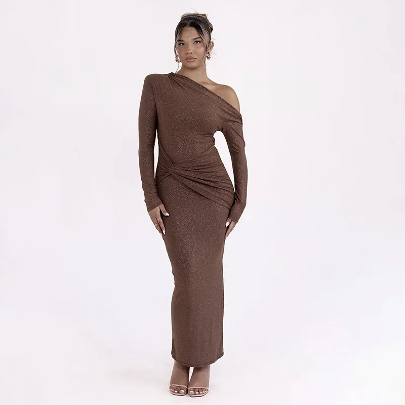 European and American style cross-border autumn and winter new hot-selling slant shoulder long sleeve hip dress fashion sexy pleated slim dress