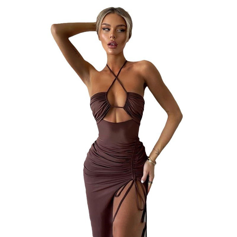 High Slit Wrinkled Halter Style Elegant Breast-Revealing Long Skirt