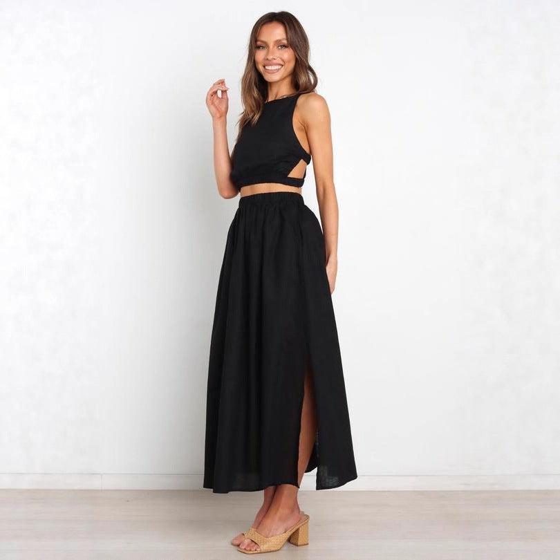 Solid color slim-fit pleated midi skirt