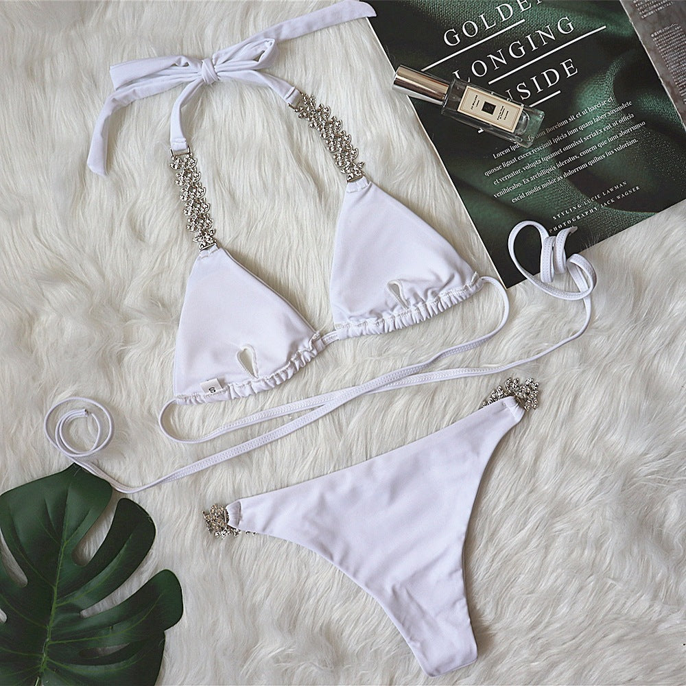 Crossed bandage bikini pure color swimsuit
