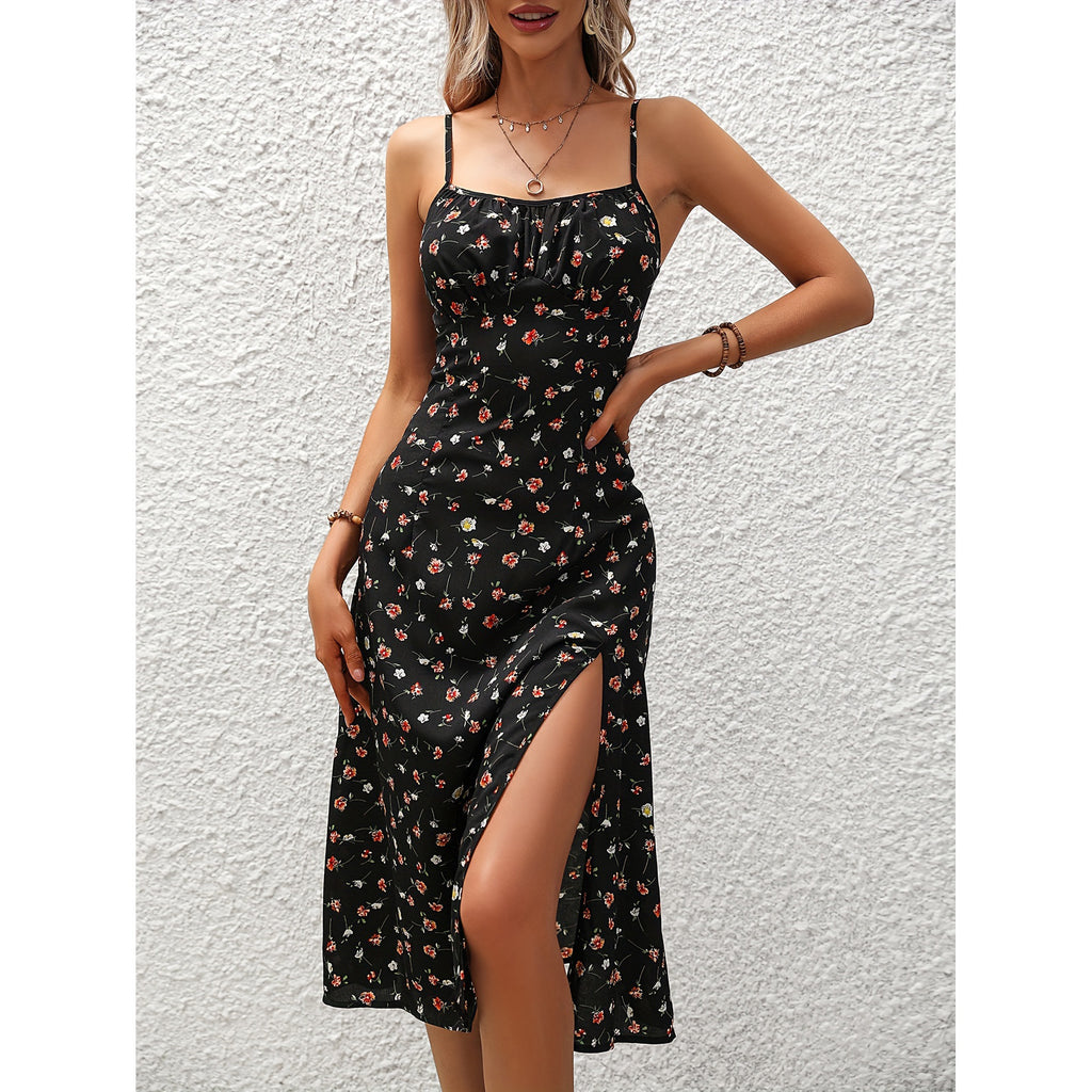 sexy suspenders slit floral dress