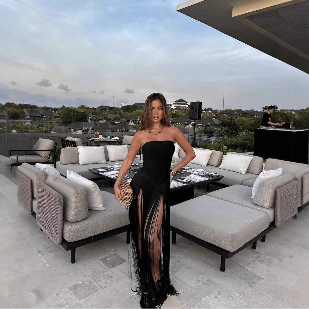 Fringed sexy slimming figure-hugging zipper strapless dress