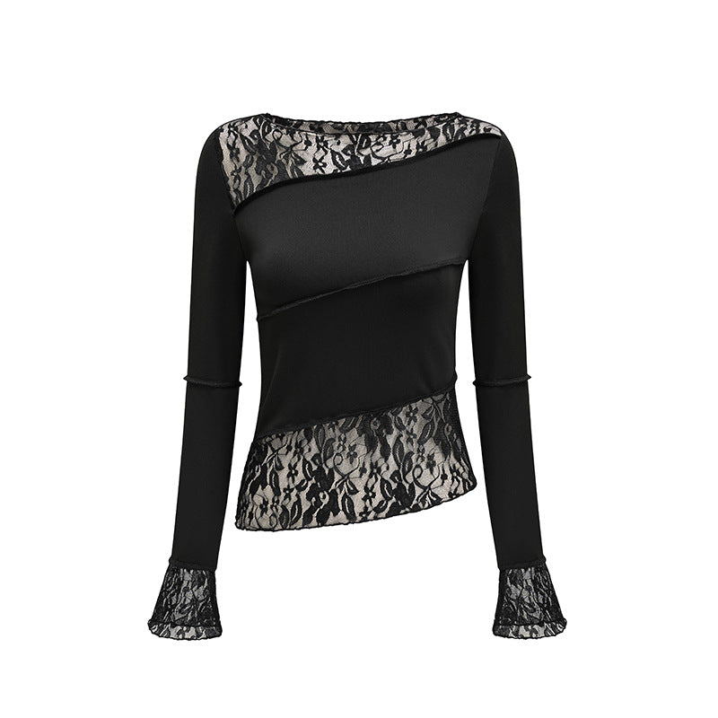 Fashionable and sexy slim lace patchwork long-sleeved T-shirt