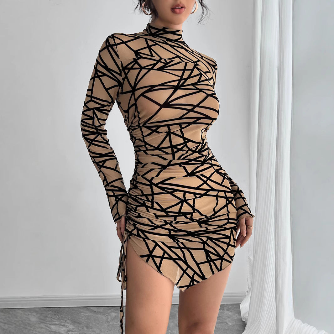 Ladies' fitted long-sleeved irregular short dress