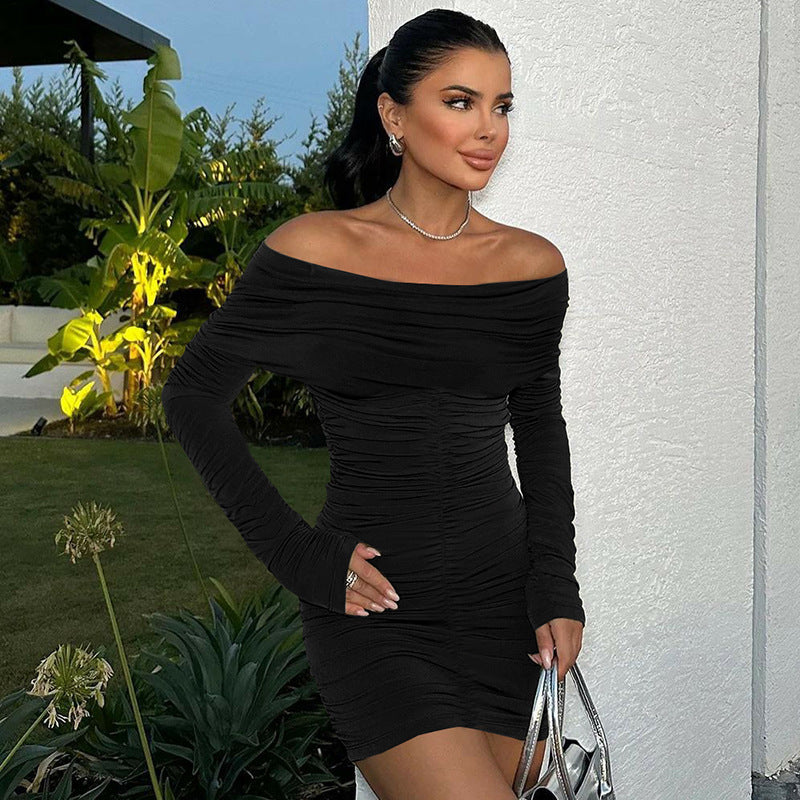 Fashion One-Shoulder Pleated Bodycon Dress