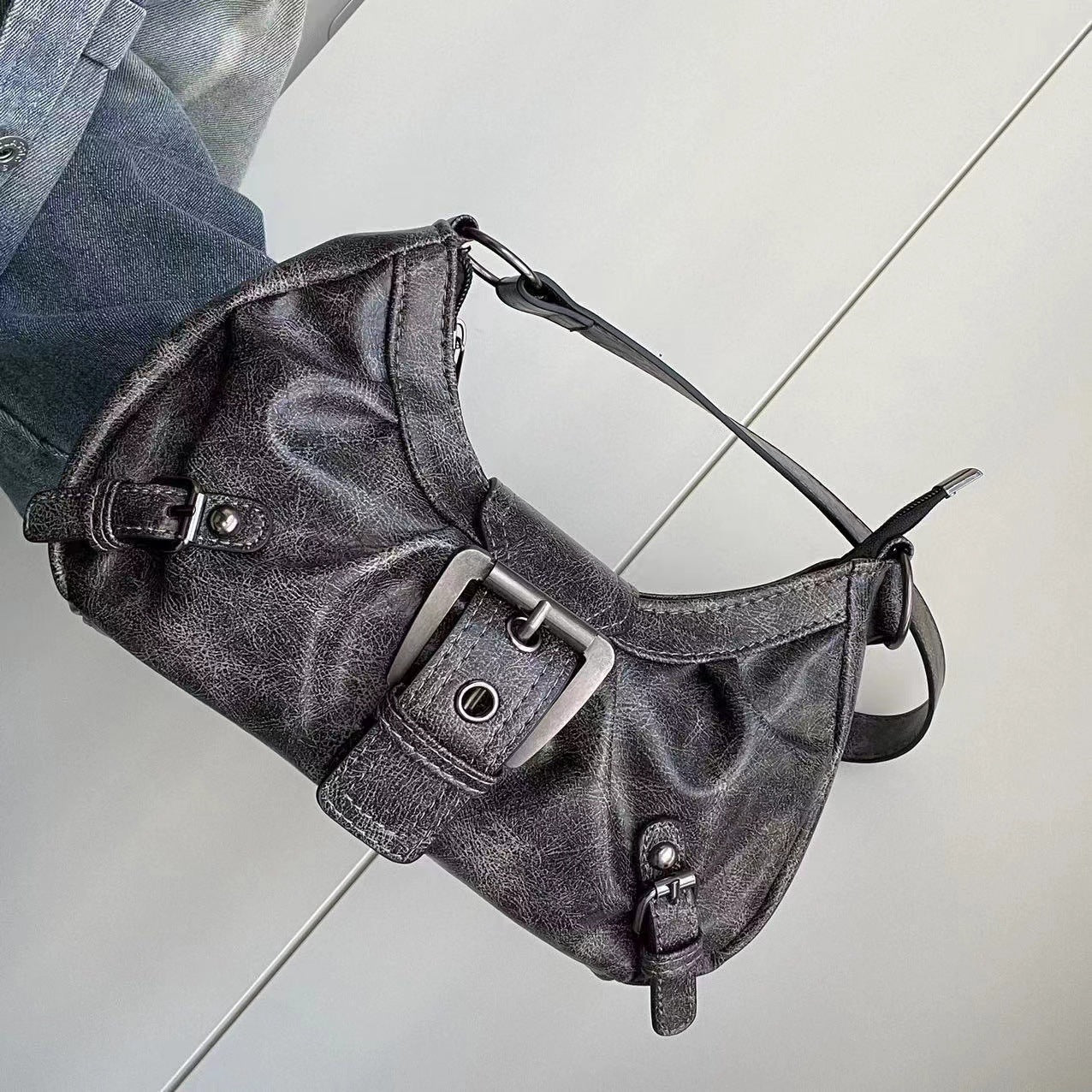 Distressed two-tone leather shoulder bag