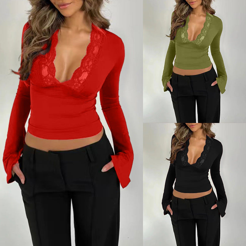 Lace spliced flared long-sleeve top