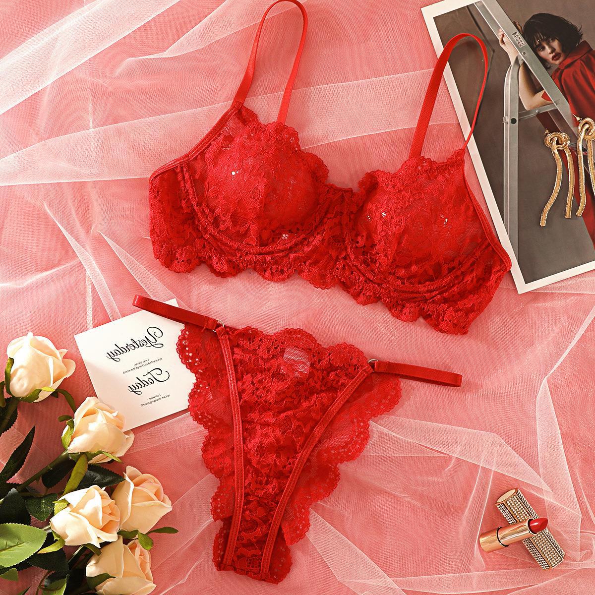 Thong-style lace-trimmed sheer sexy lingerie set