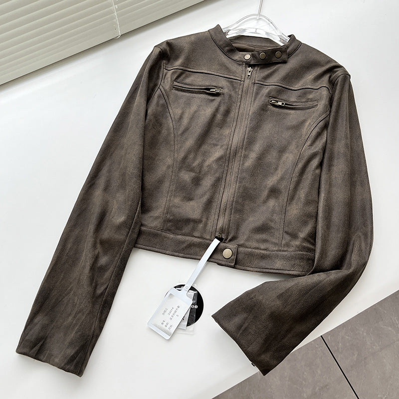 Stand-up collar leather jacket, short jacket by Instagram blogger