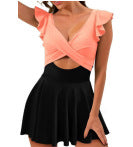 One-piece swimming suit with frilled cross-shaped skirt design