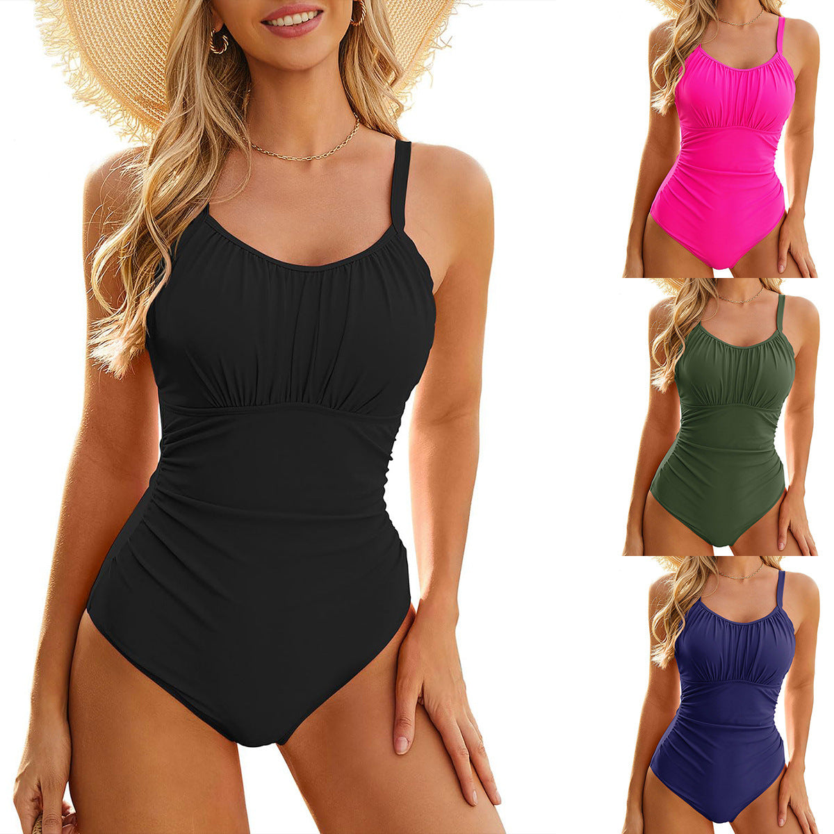 Vintage solid color pleated tummy control one-piece swimsuit