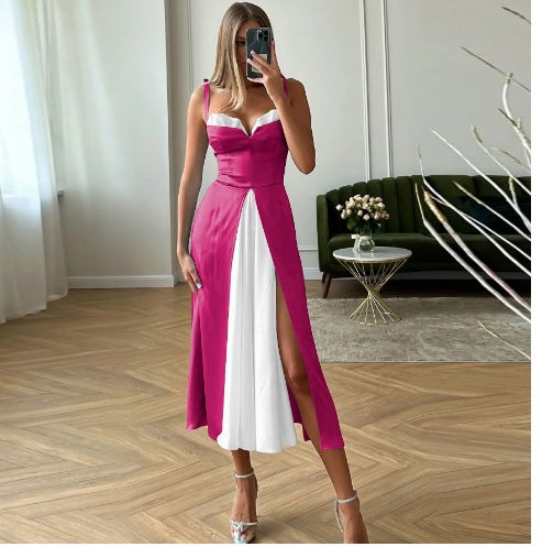 A sexy halter dress with a strapless look and a two-piece color-blocked fake dress