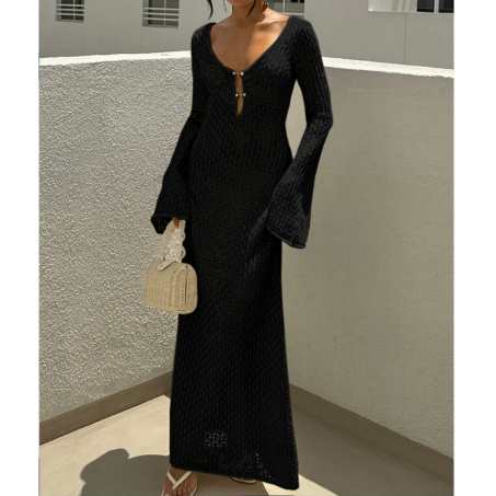 V-neck Hollow Sexy Knitted Long Sleeve Dress