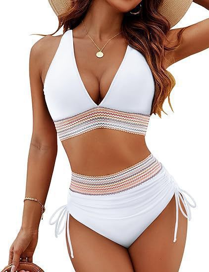 A sexy deep V-neck high-waisted bikini for a lady