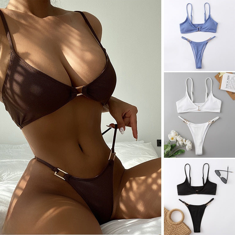 Solid Color Ribbed Bikini Set for Women