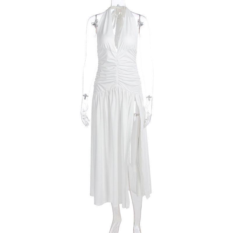 Solid-color neckline slit dress