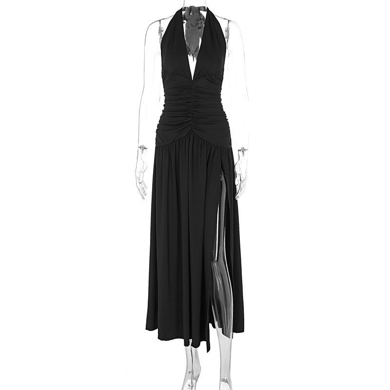 Solid-color neckline slit dress