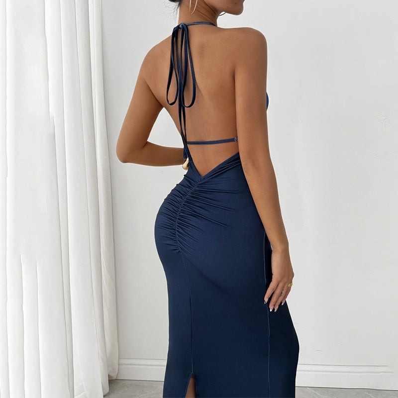 Printed Sexy Backless Slim Slit Lace-Up Dress