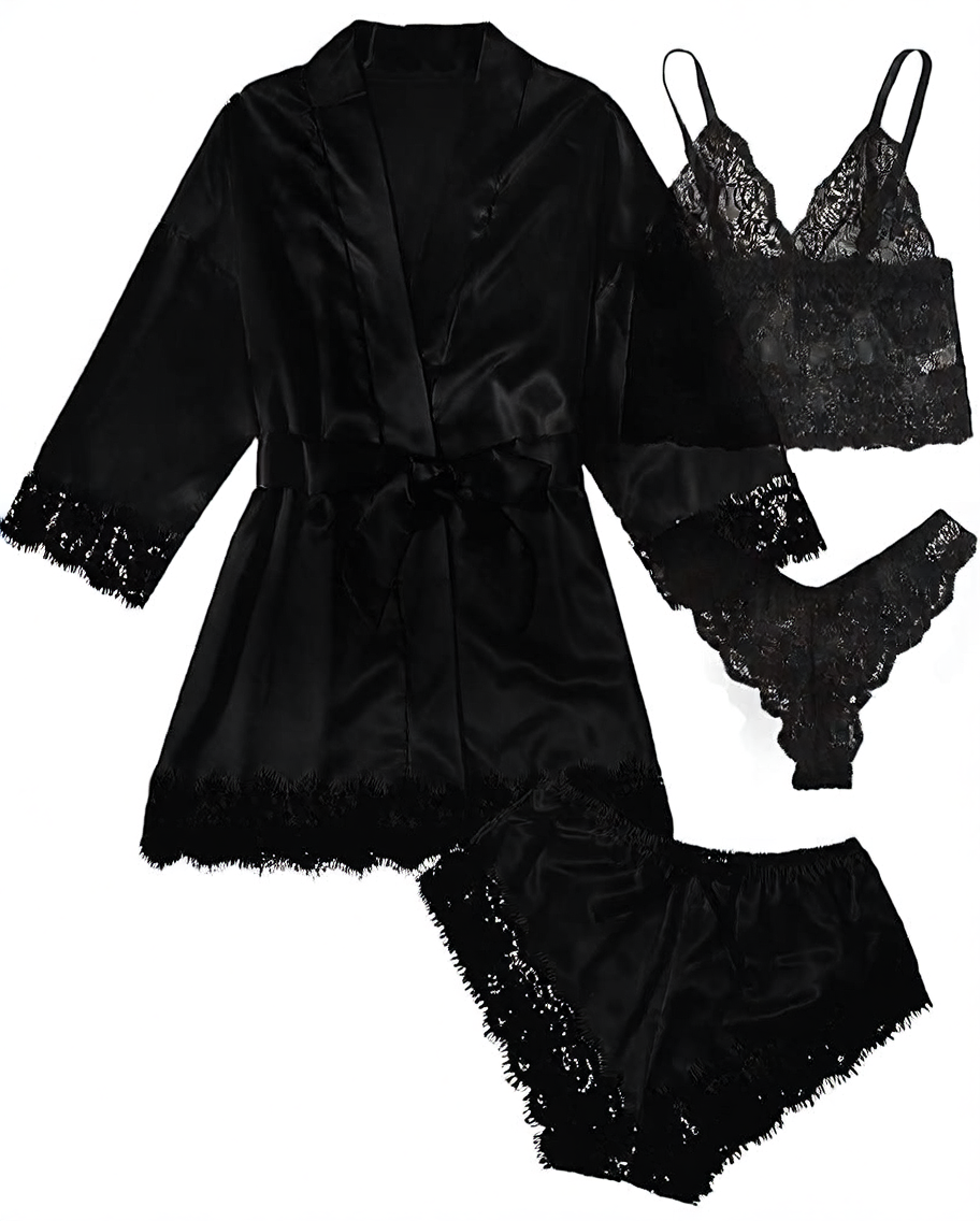 A 4-piece set of lace satin strappy pajamas