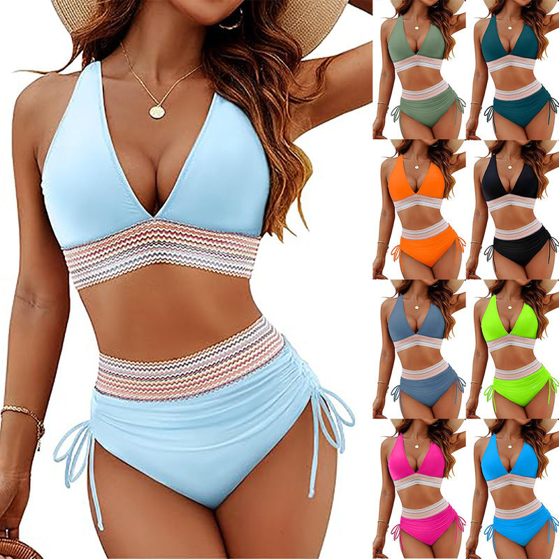 A sexy deep V-neck high-waisted bikini for a lady