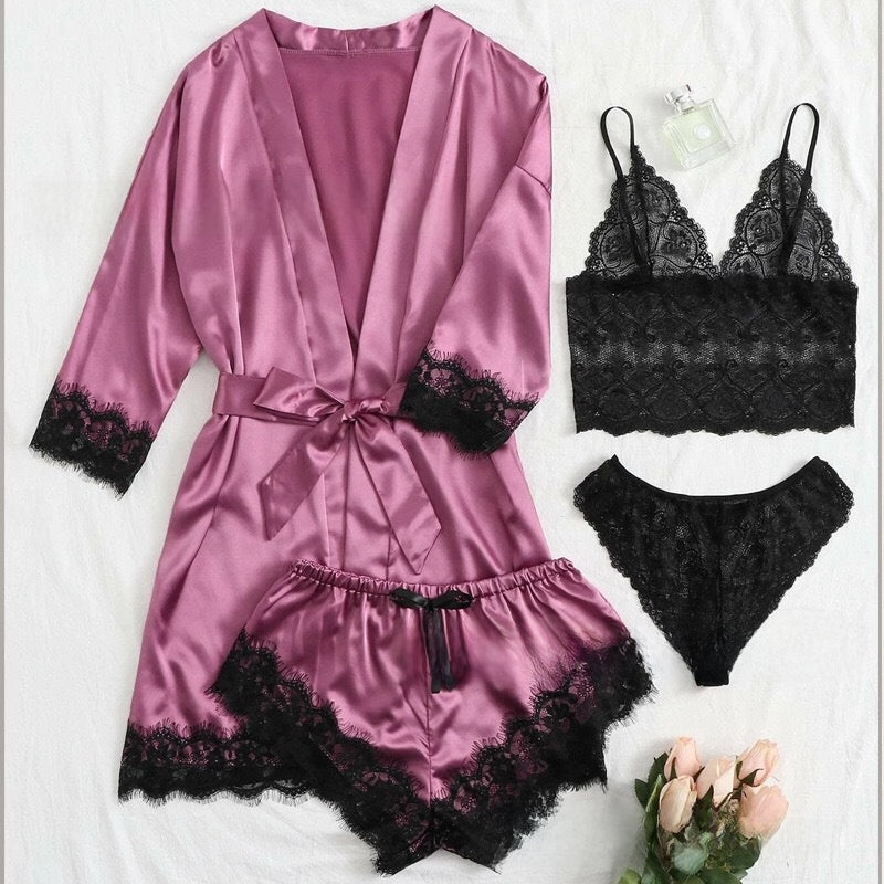 A 4-piece set of lace satin strappy pajamas