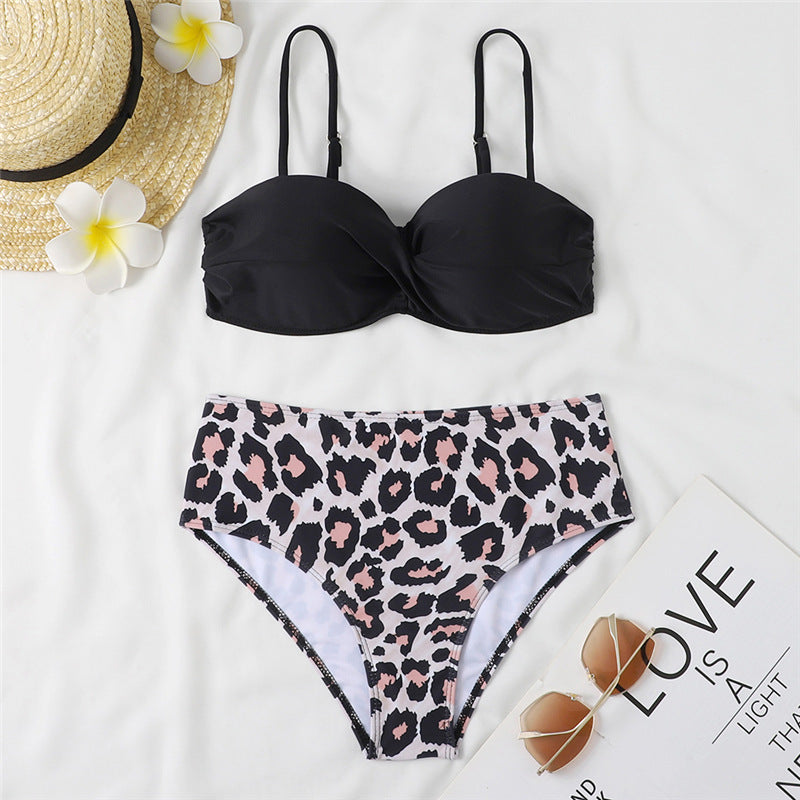Women's High Waist Bikini Swimsuit with Steel Bracket - Sexy Leopard Print & Floral Design