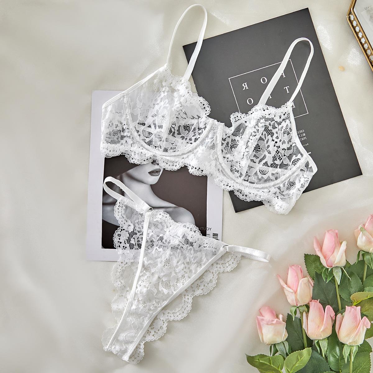 Thong-style lace-trimmed sheer sexy lingerie set