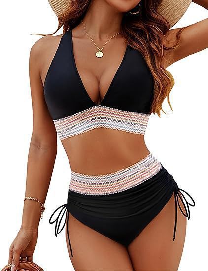 A sexy deep V-neck high-waisted bikini for a lady