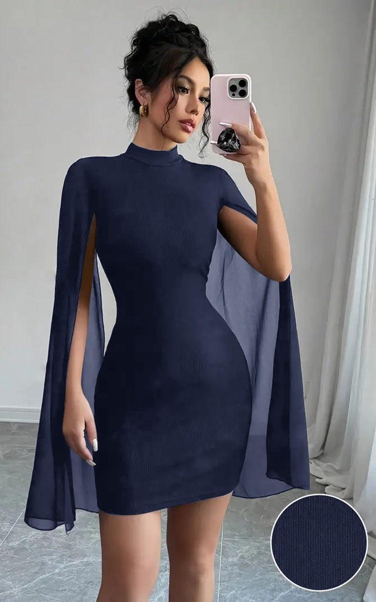 Poncho-style wrap dress with a flared skirt.