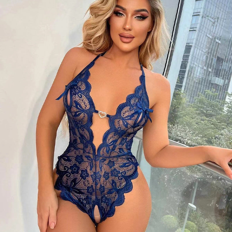 Lace see-through open-crotch jumpsuit