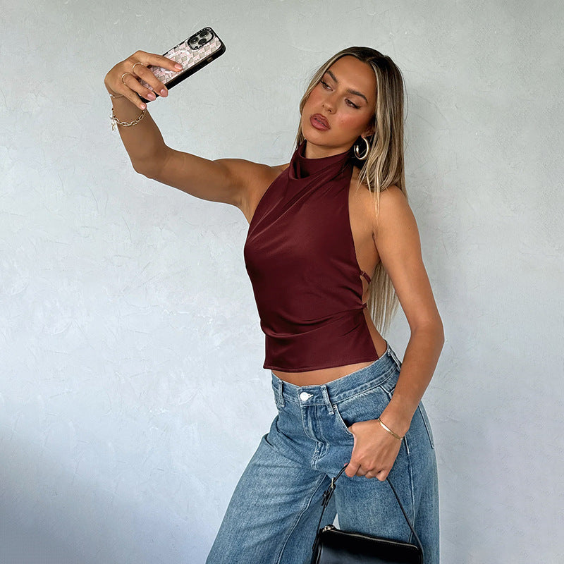 Hot girl all-match satin backless top women