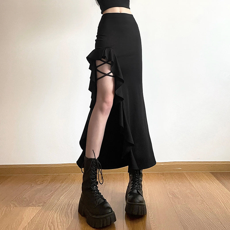 A half-length skirt with asymmetrical side straps and a unique design.