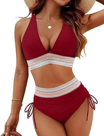A sexy deep V-neck high-waisted bikini for a lady