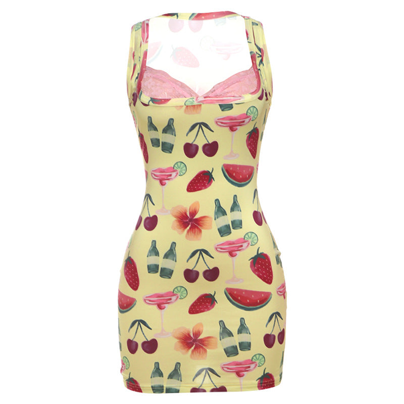 Sexy Lace Trim V-Neck Animal Print Slim Fit Dress