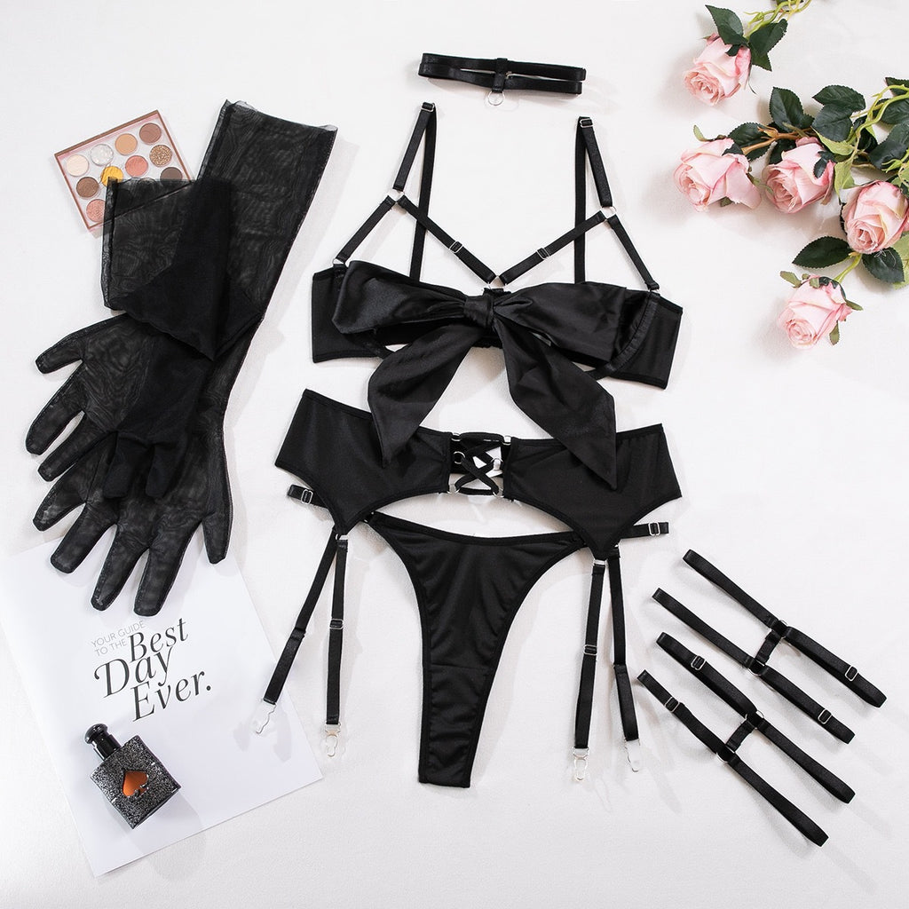 Sexy Bow Lingerie Set with Gloves and Leg Ring