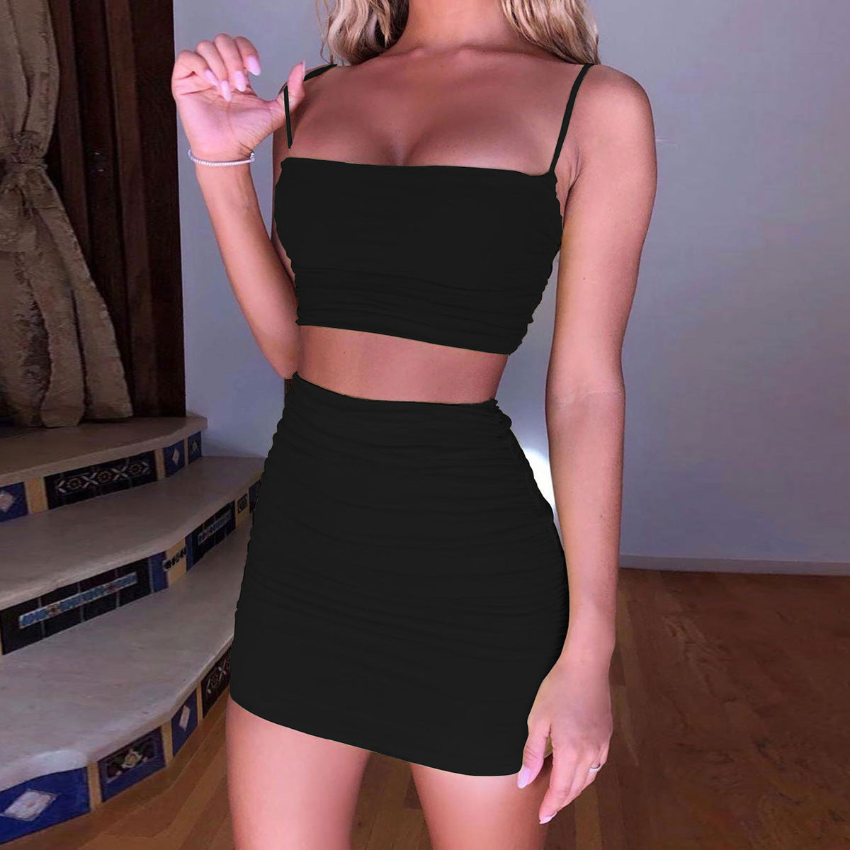 Sexy Camisole and Bodycon Ruched Two-Piece Set