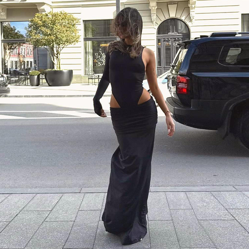 Versatile Cropped Long-Sleeve Slit Skirt Set For Women