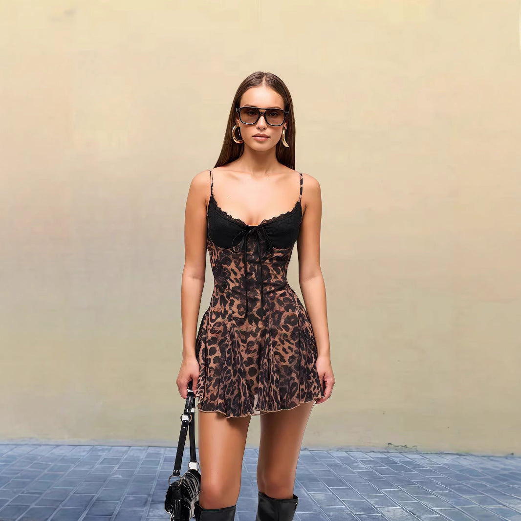 Leopard print lace patchwork halter dress