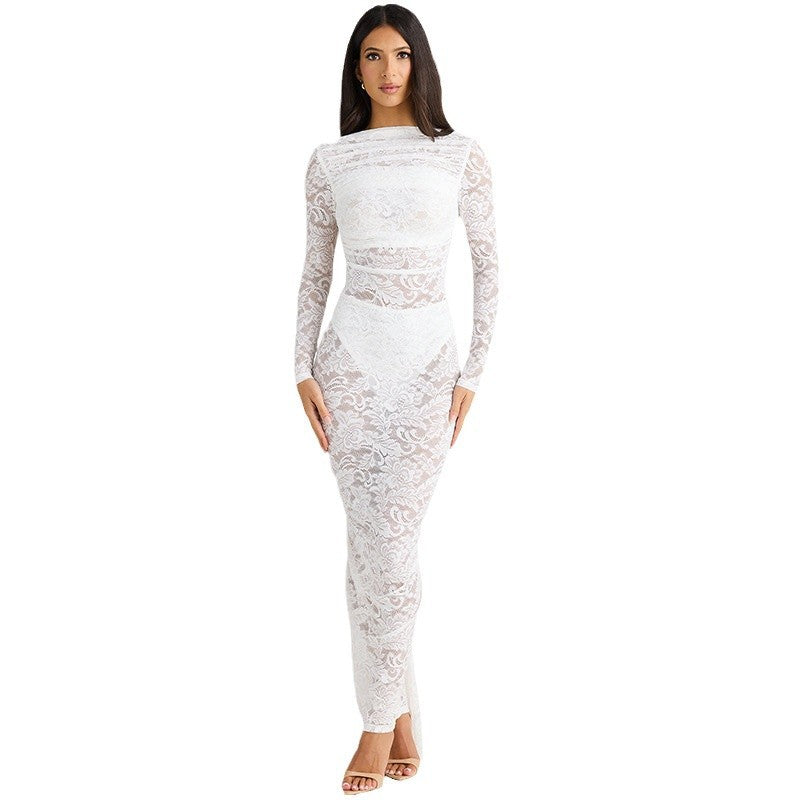 European and American Amazon New Sexy Backless Lace Flower Perspective Slim-fit Long-sleeved Street-style Long Hip dress