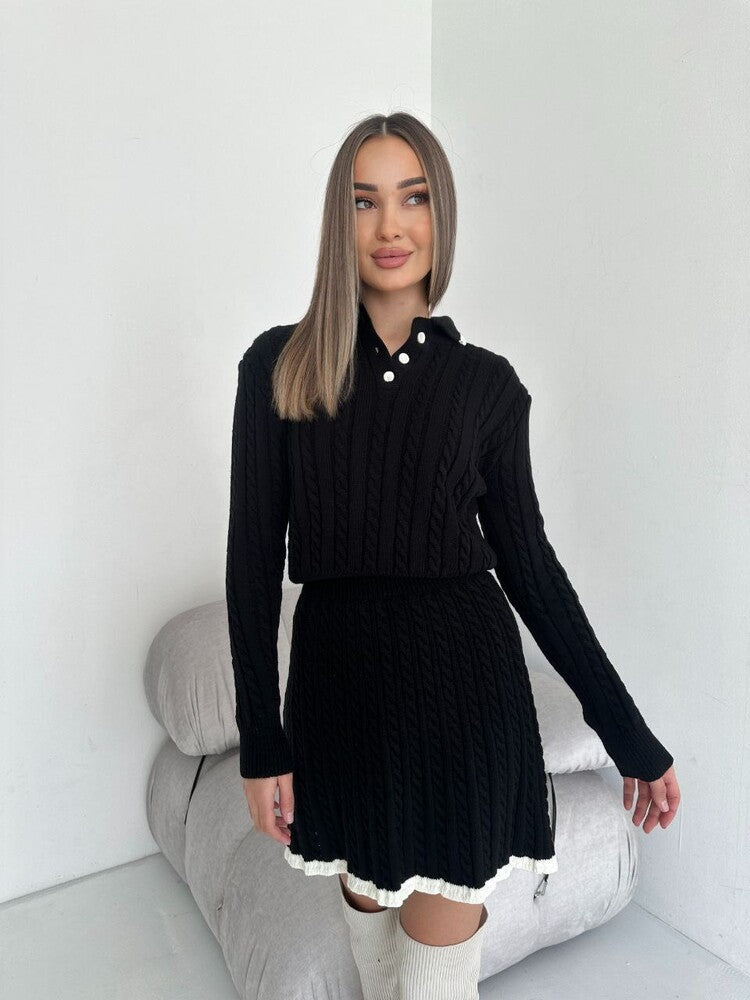 Casual Long-Sleeve Knitted Sweater and Short Skirt Set